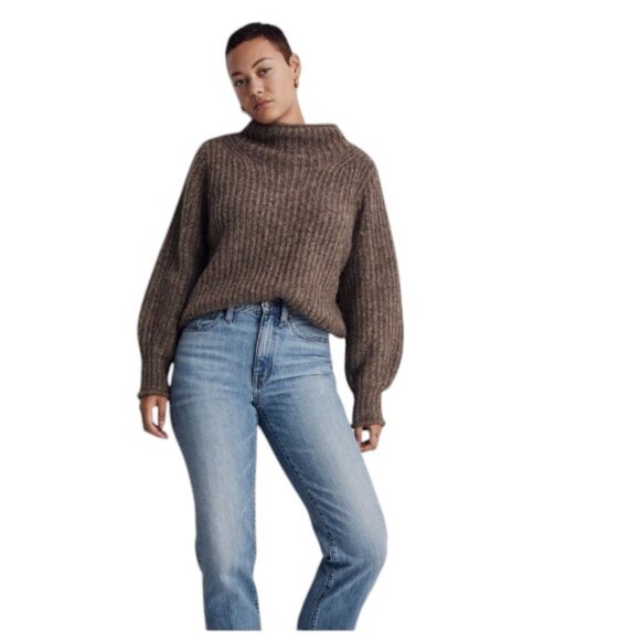 EUC Madewell Puff Sleeve Loretto Mockneck Pullover Sweater in Heather Otter - Picture 1 of 14